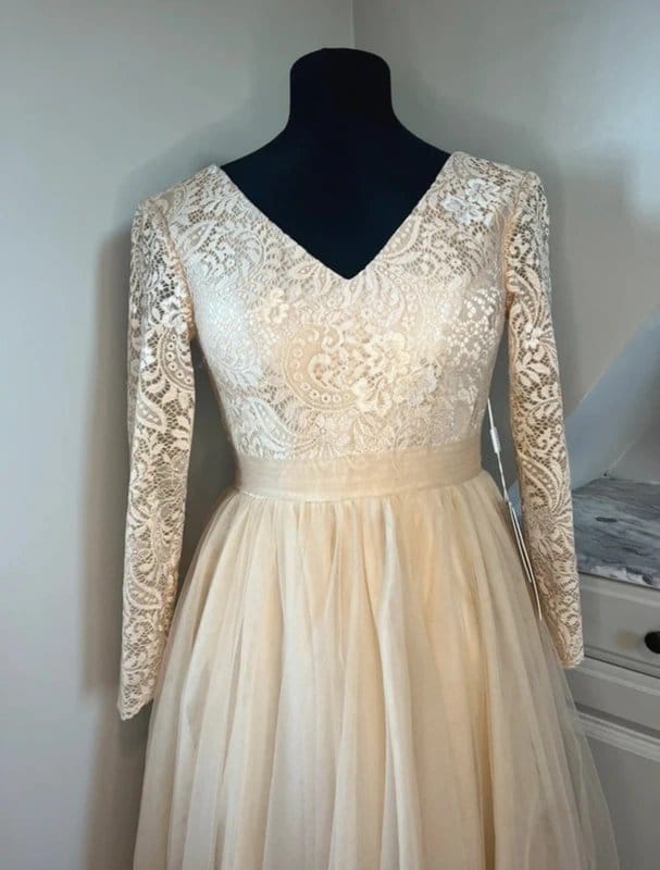Stacees Stacees Champagne Lace Long Sleeve Tulle Prom Wedding Dress Bridesmaid Bridal Occasion Size 6/8 - 1