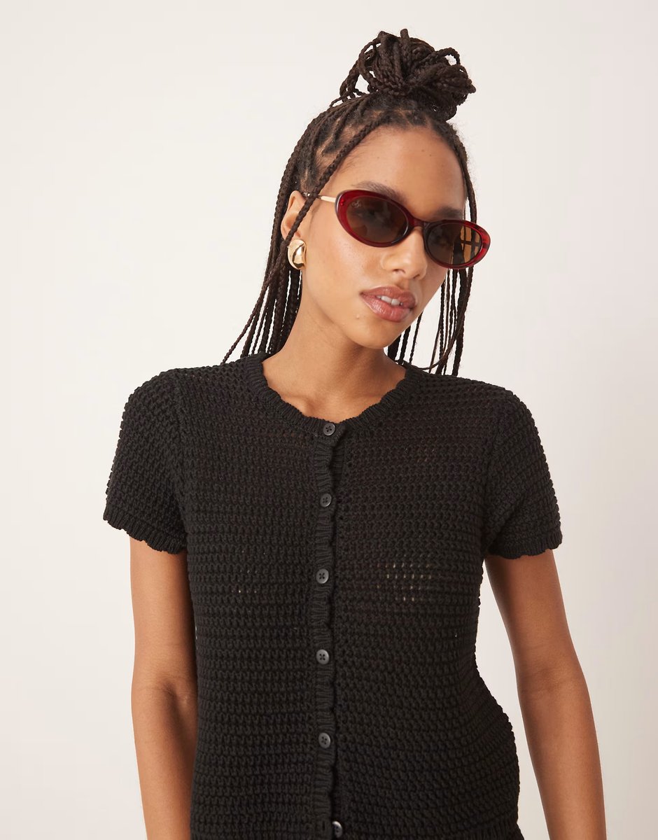 ASOS Gina Tricot co-ord crochet button up short sleeve top in black - 2