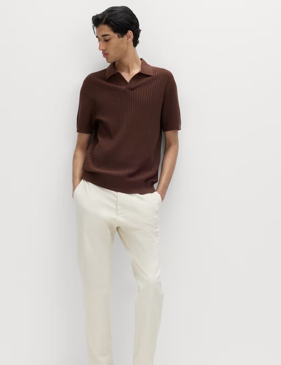 Marks & Spencer M&S Cotton Rich Rib Texture Open Neck Polo Shirt Sable
