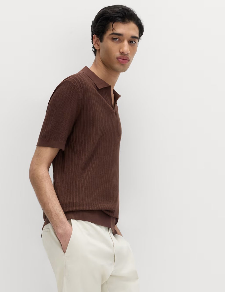 Marks & Spencer M&S Cotton Rich Rib Texture Open Neck Polo Shirt Sable - 2