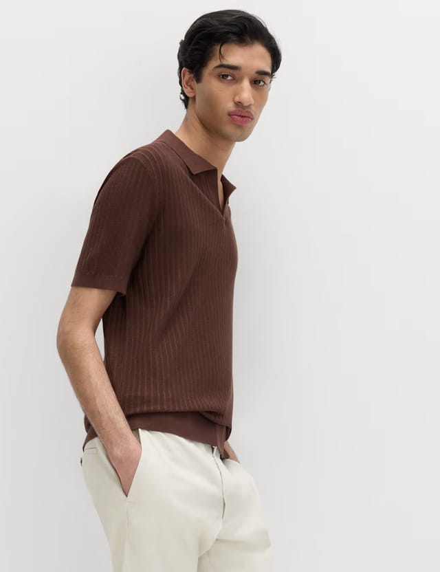 Marks & Spencer M&S Cotton Rich Rib Texture Open Neck Polo Shirt Sable - 2