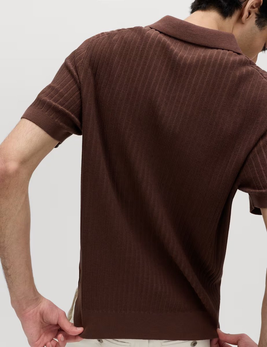 Marks & Spencer M&S Cotton Rich Rib Texture Open Neck Polo Shirt Sable - 3