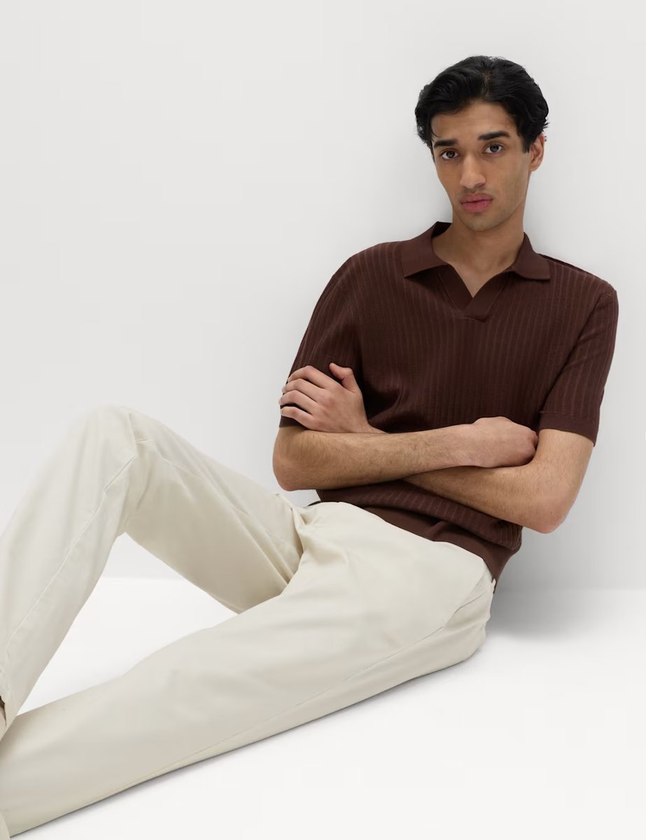 Marks & Spencer M&S Cotton Rich Rib Texture Open Neck Polo Shirt Sable - 4