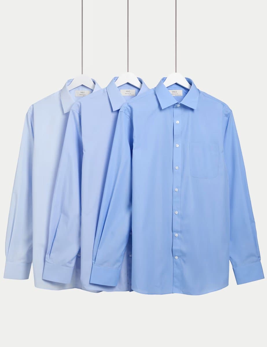 Marks & Spencer M&S 3 Pack Regular Fit Easy Iron Long Sleeve Shirts Blue Mix