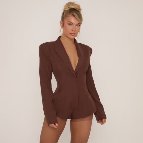 EGO Plunge Neck Shoulder Pad Detail Tailored Playsuit In Brown, Women's Size UK 14