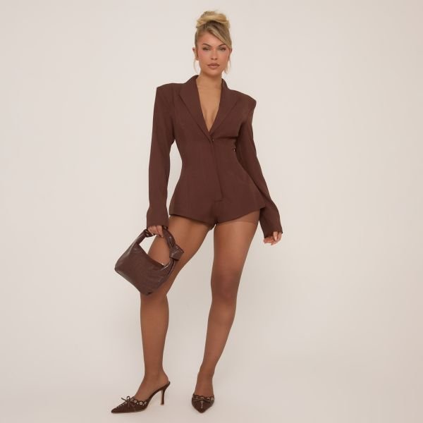 EGO Plunge Neck Shoulder Pad Detail Tailored Playsuit In Brown, Women's Size UK 14 - 2