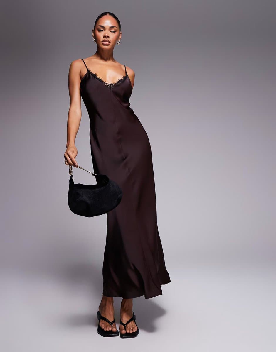 ASOS ASOS DESIGN v neck lace trim satin slip maxi dress in chocolate