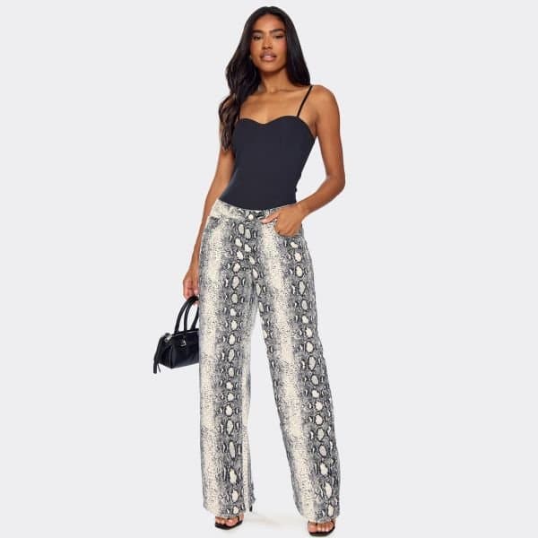 EGO Mid Rise Wide Leg Jeans In Grey Snake Print Denim, Women's Size UK 6