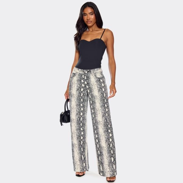 EGO Mid Rise Wide Leg Jeans In Grey Snake Print Denim, Women's Size UK 6 - 2