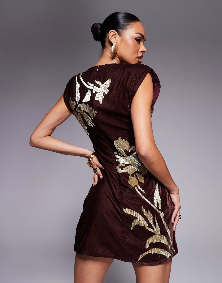 ASOS ASOS DESIGN velvet shoulder pad mini dress with floral embellishment in mulberry - 3