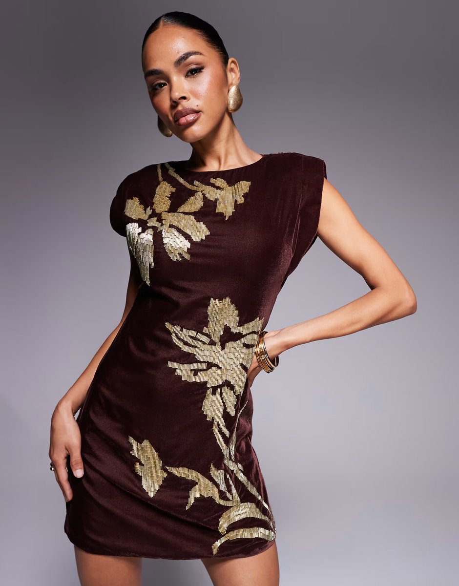 ASOS ASOS DESIGN velvet shoulder pad mini dress with floral embellishment in mulberry - 4