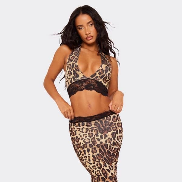 EGO Plunge Halterneck Contrast Lace Hem Top In Brown Leopard Print, Women's Size UK 12
