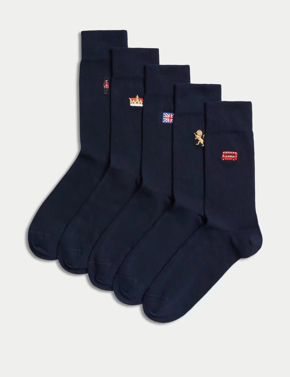 Marks & Spencer M&S 5 Pack Cool & Fresh British Cotton Rich Socks in Navy Mix