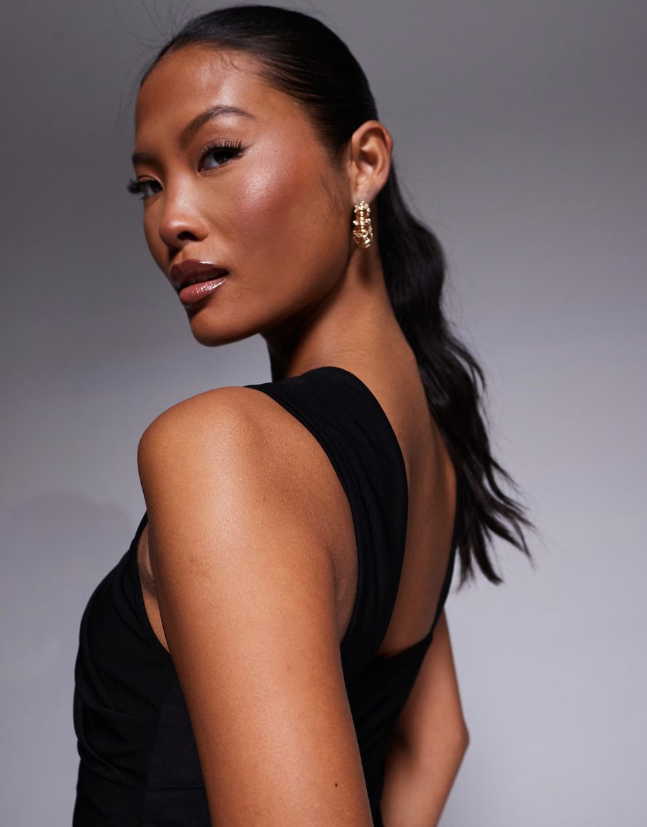 ASOS ASOS DESIGN Petite shaped neckline wide strap with draped skirt midi dress in black - 3