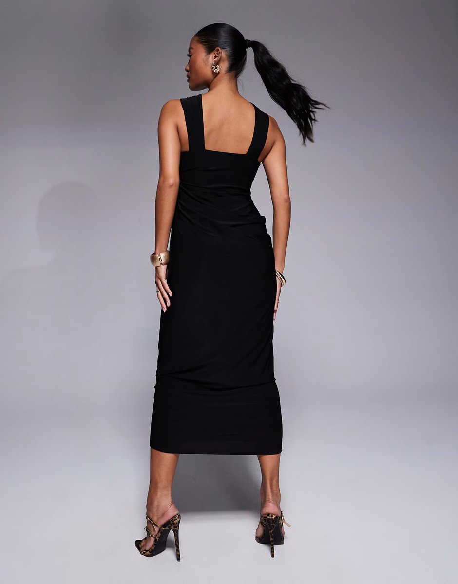 ASOS ASOS DESIGN Petite shaped neckline wide strap with draped skirt midi dress in black - 4