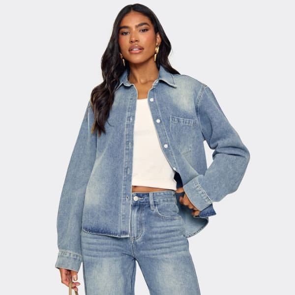 EGO Long Sleeve Oversized Button Up Detail Shirt In Washed Blue Denim, Women's Size UK 6