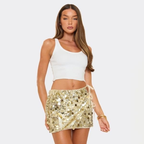 EGO Mid Rise Tie Side Detail Micro Mini Skirt In Gold Sequin, Women's Size UK 4 - 1