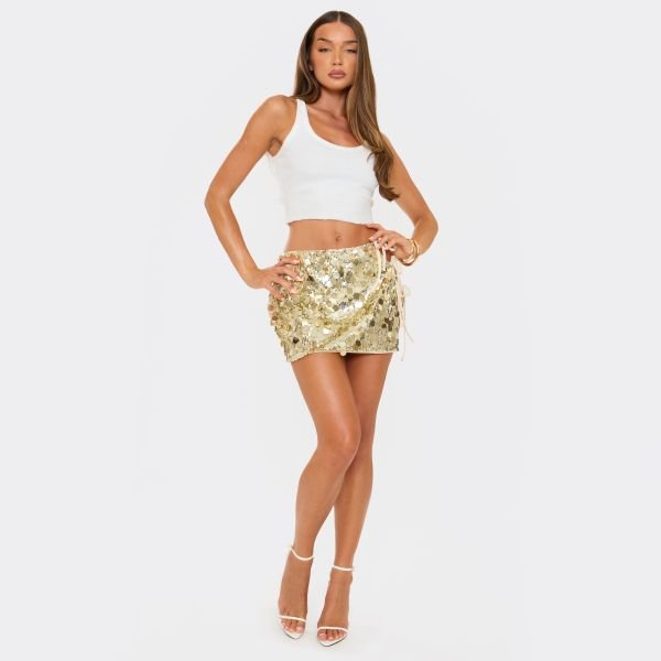 EGO Mid Rise Tie Side Detail Micro Mini Skirt In Gold Sequin, Women's Size UK 4 - 2