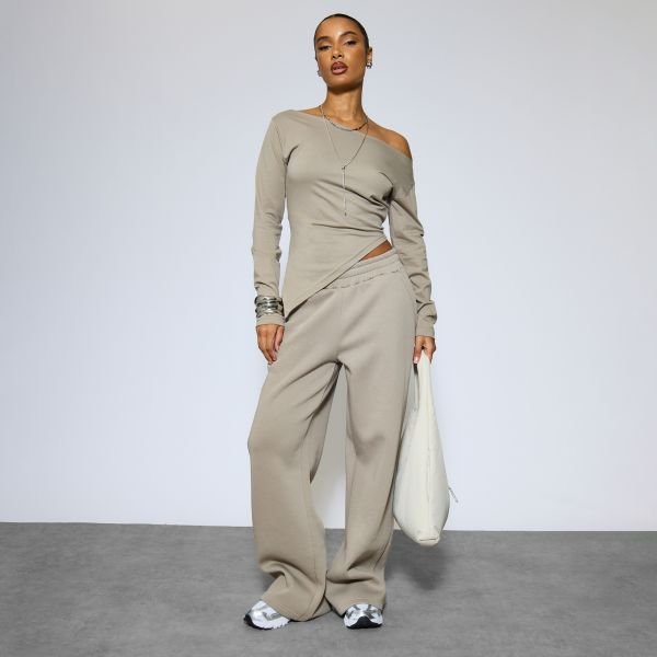 EGO Low Rise Wide Leg Joggers In Taupe, Women's Size UK 6 - 2