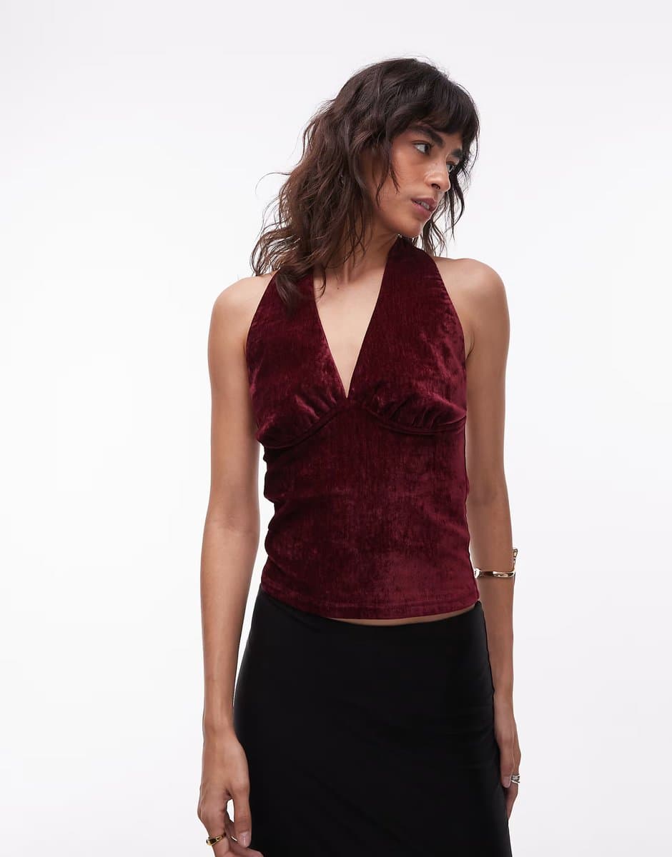 ASOS ASOS DESIGN Textured Velvet Halterneck Top in Burgundy