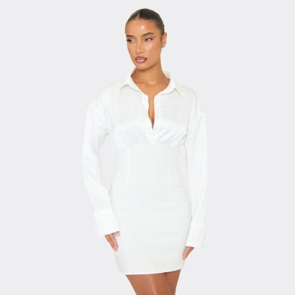 EGO Long Sleeve Button Front Cinched Detail Shirt Dress In White, Women's Size UK 6 - 1