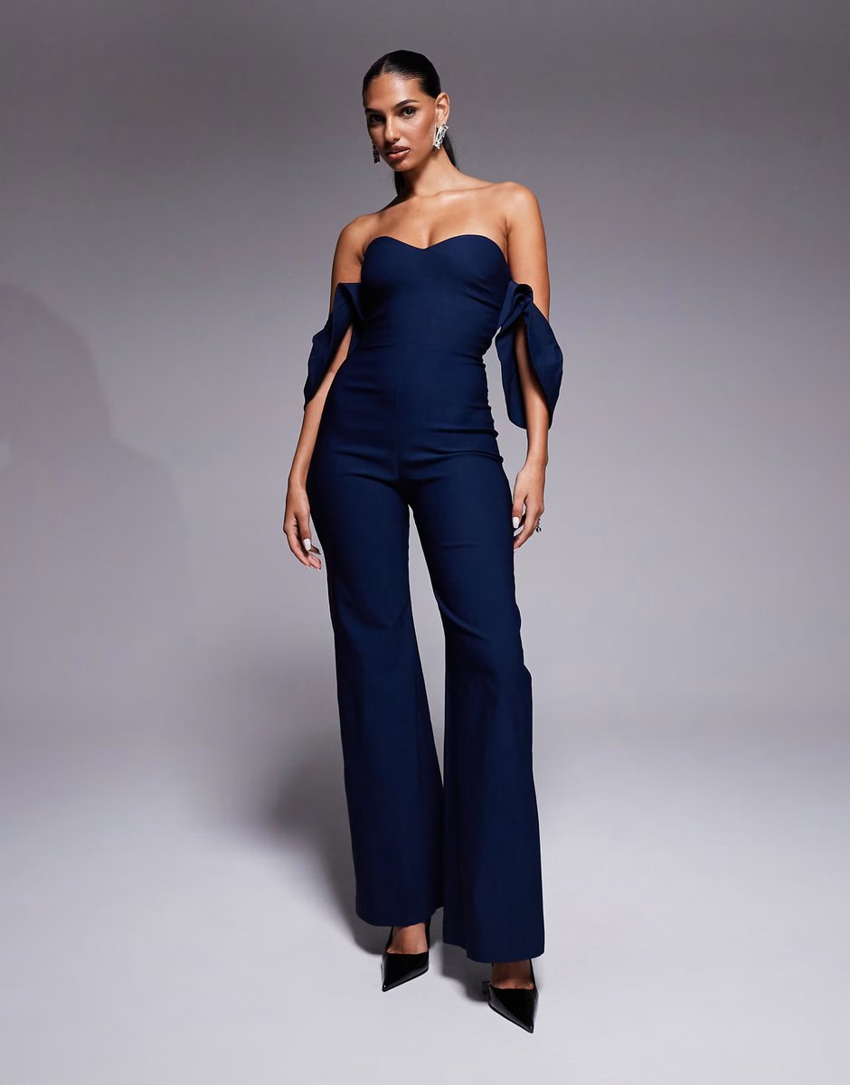 ASOS Vesper Square neck ruffle sleeve wide leg jumpsuit in navy - 1