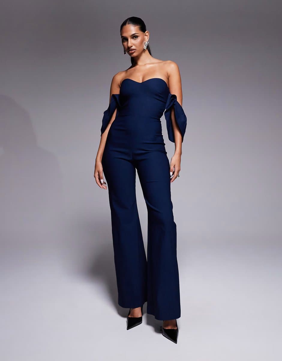 ASOS Vesper Square neck ruffle sleeve wide leg jumpsuit in navy