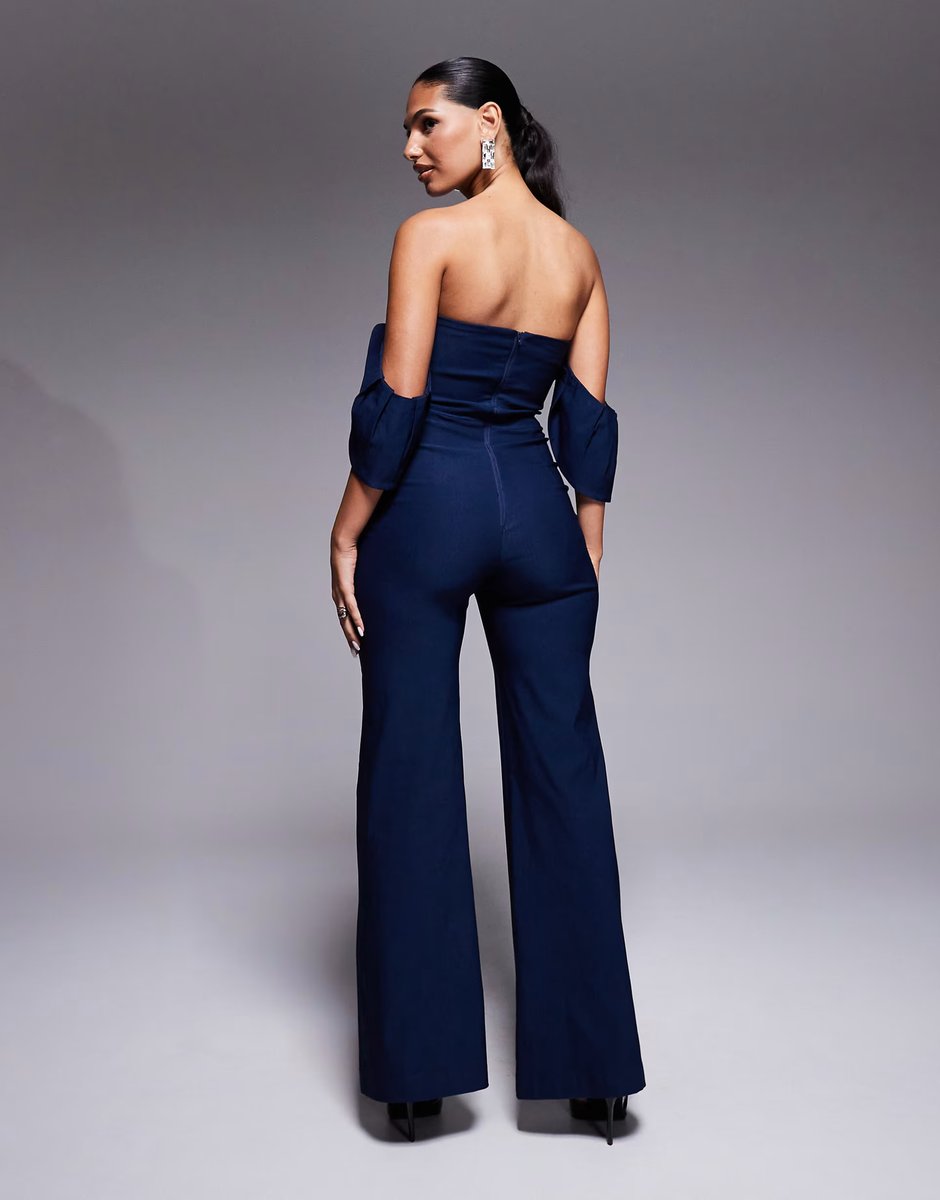 ASOS Vesper Square neck ruffle sleeve wide leg jumpsuit in navy - 4