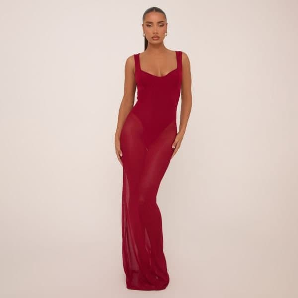 EGO Scoop Neck Bodysuit Insert Maxi Dress In Burgundy Mesh, Women's Size UK 6