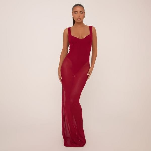 EGO Scoop Neck Bodysuit Insert Maxi Dress In Burgundy Mesh, Women's Size UK 6 - 1
