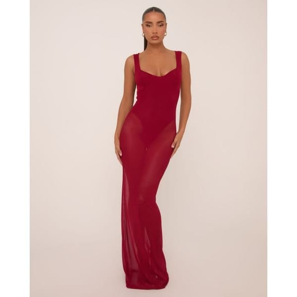 EGO Scoop Neck Bodysuit Insert Maxi Dress In Burgundy Mesh, Women's Size UK 6 - 2