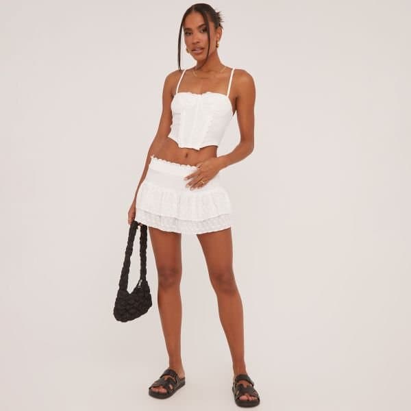 EGO Low Rise Frilly Broderie Mini Skirt In White, Women's Size UK 12