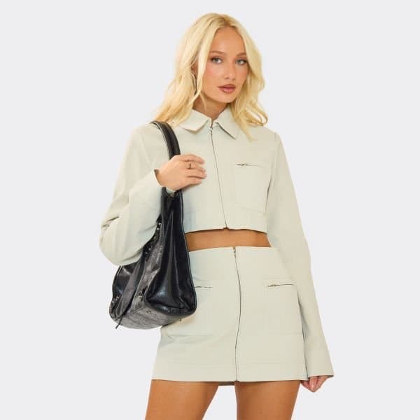 EGO Collar Neck Zip Through Cargo Pocket Cropped Jacket In Stone Faux Leather, Women's Size UK 6