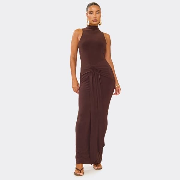EGO High Neck Sleeveless Drape Detail Maxi Dress In Chocolate Brown, Women's Size UK 6 - 1