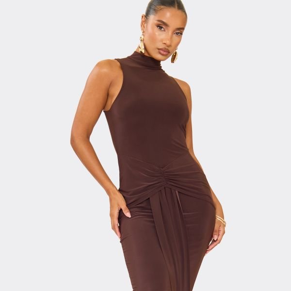 EGO High Neck Sleeveless Drape Detail Maxi Dress In Chocolate Brown, Women's Size UK 6 - 2