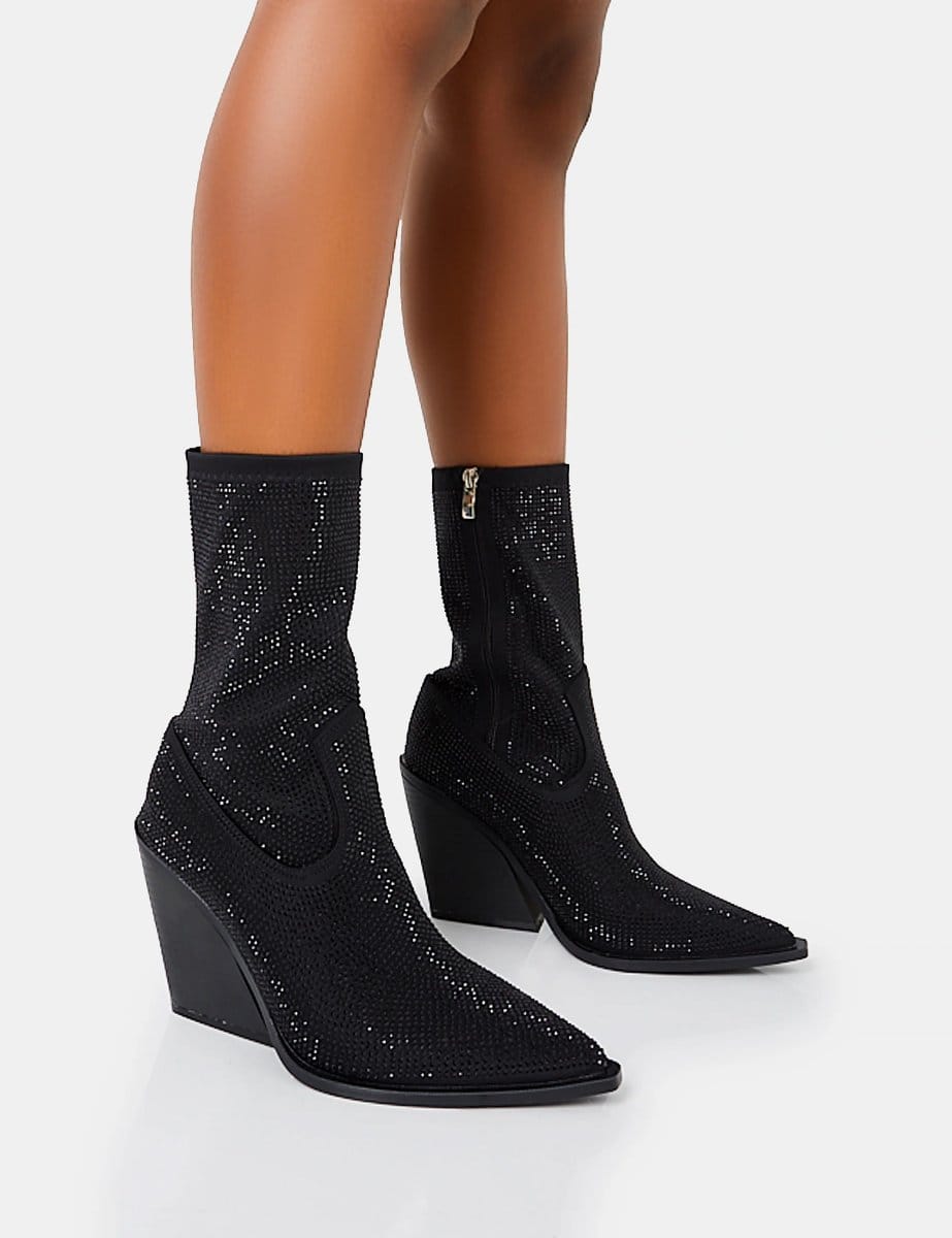 Public Desire Wild One Black Diamante Western Cowboy Pointed Toe Block Heel Ankle Boots - 1