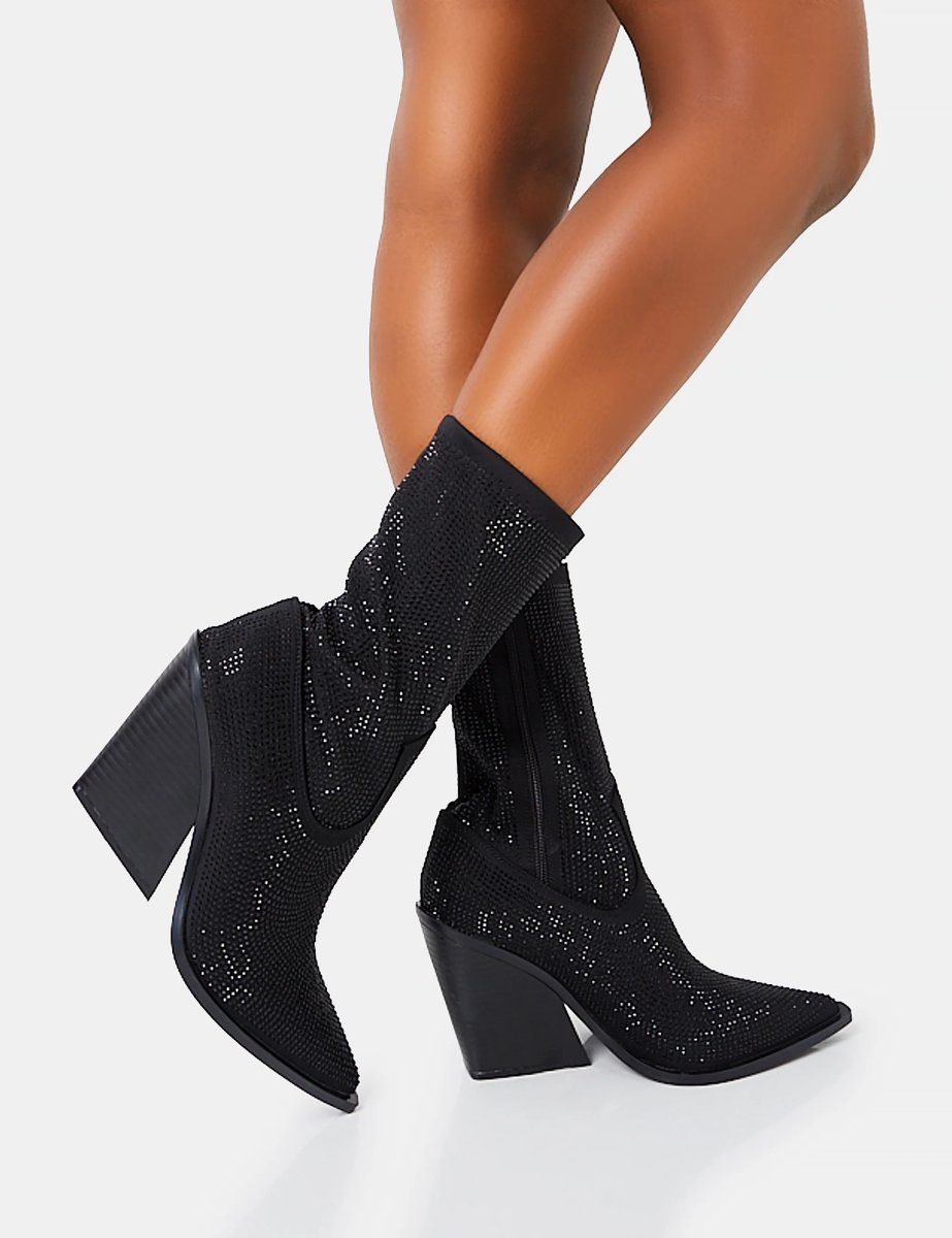 Public Desire Wild One Black Diamante Western Cowboy Pointed Toe Block Heel Ankle Boots - 2