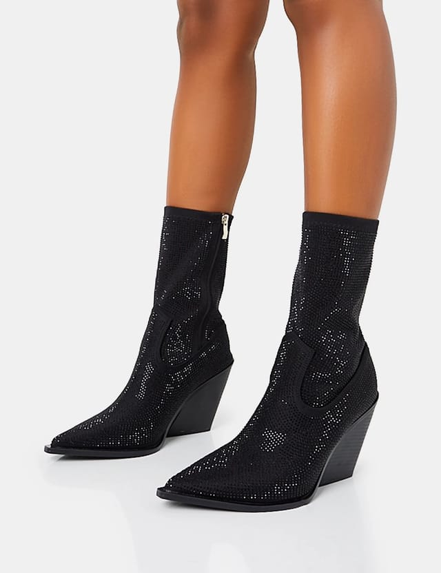 Public Desire Wild One Black Diamante Western Cowboy Pointed Toe Block Heel Ankle Boots - 3