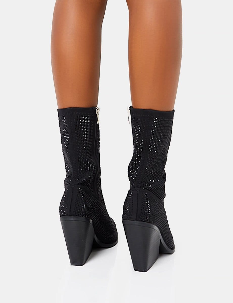Public Desire Wild One Black Diamante Western Cowboy Pointed Toe Block Heel Ankle Boots - 4