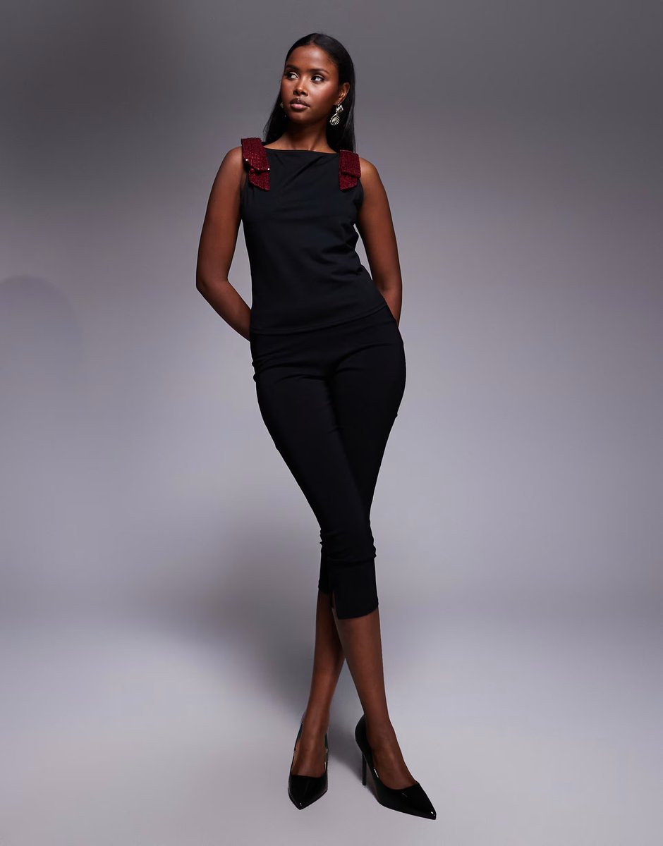 ASOS ASOS DESIGN sequin bow shoulder tank top in black and berry - 2