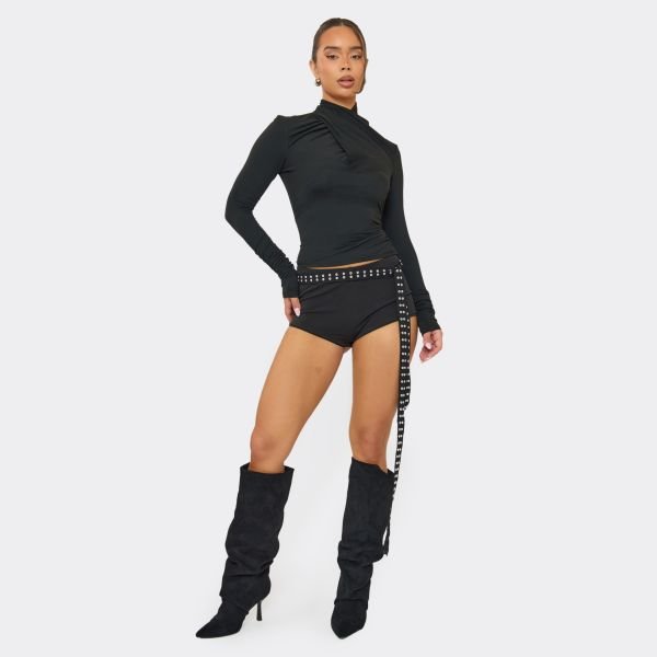 EGO Low Rise Stud Belt Detail Hot Pants In Black, Women's Size UK Large L - 2