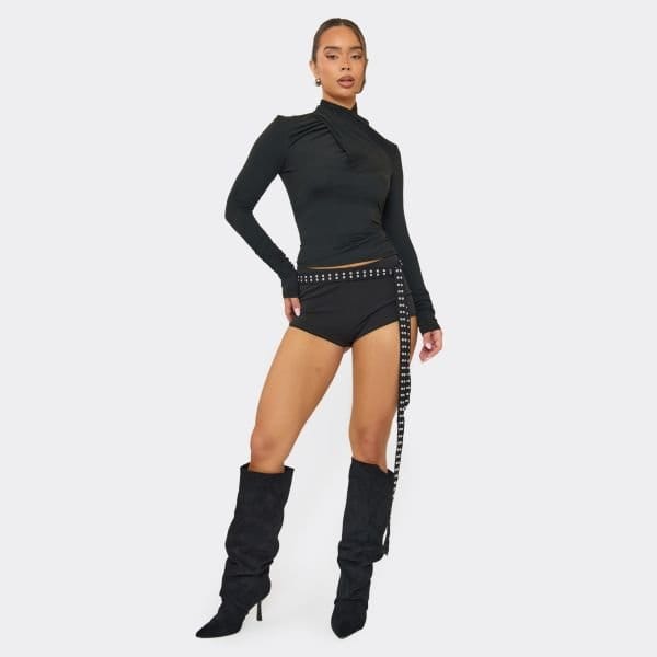 EGO Low Rise Stud Belt Detail Hot Pants In Black, Women's Size UK Large L - 2