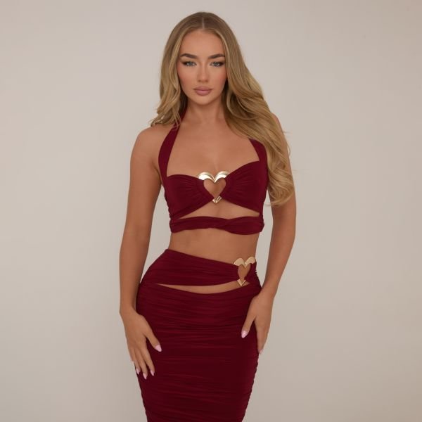 EGO Halterneck Cut Out Heart Detail Strappy Top In Burgundy Slinky, Women's Size UK 4 - 2