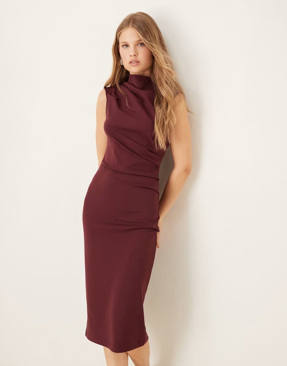 ASOS Mango ruched detail high neck sleeveless midi dress in dark red - 4