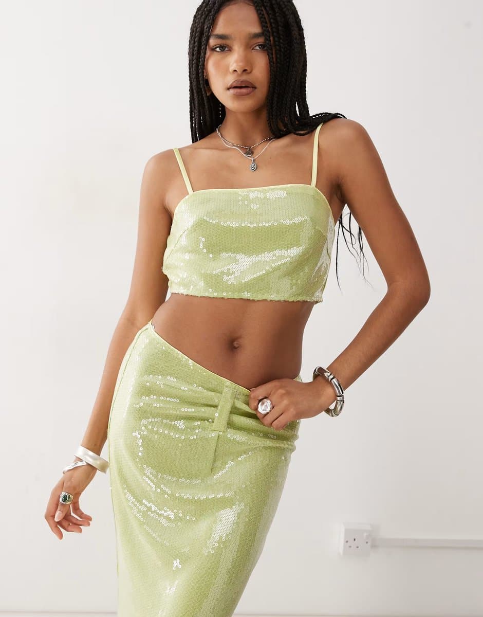 ASOS Amy Lynn square neck cami crop top co-ord in lime green sequin