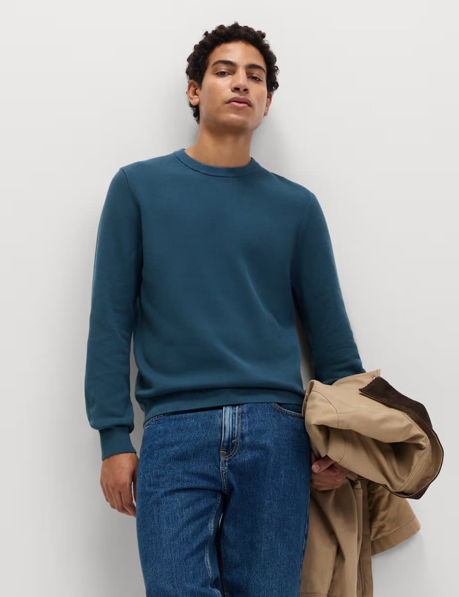 Marks & Spencer M&S Pure Cotton Textured Crew Neck Jumper Chambray