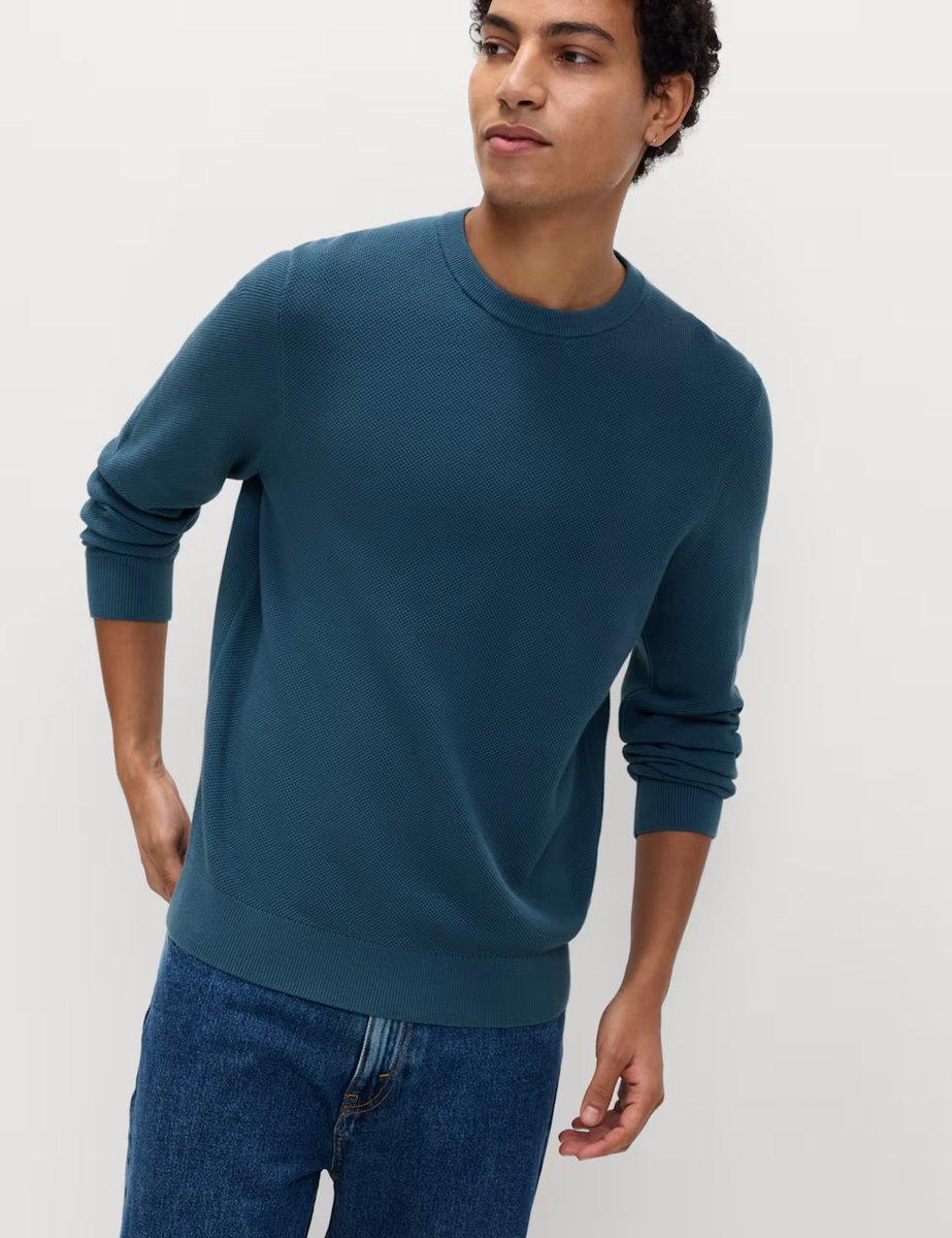 Marks & Spencer M&S Pure Cotton Textured Crew Neck Jumper Chambray - 2