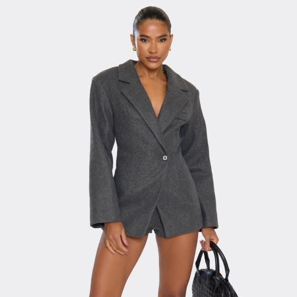 EGO Cinched Waist Detail Wool Look Blazer Dress In Charcoal Grey, Women's Size UK 4