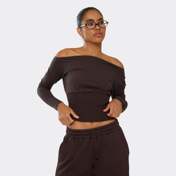 EGO Long Sleeve Bardot Cinched Waist Top In Chocolate Brown, Women's Size UK 6