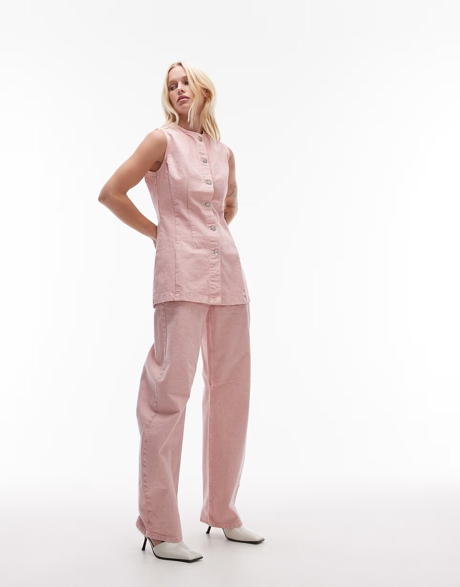 ASOS Topshop denim sleeveless waistcoat in washed pink - 3